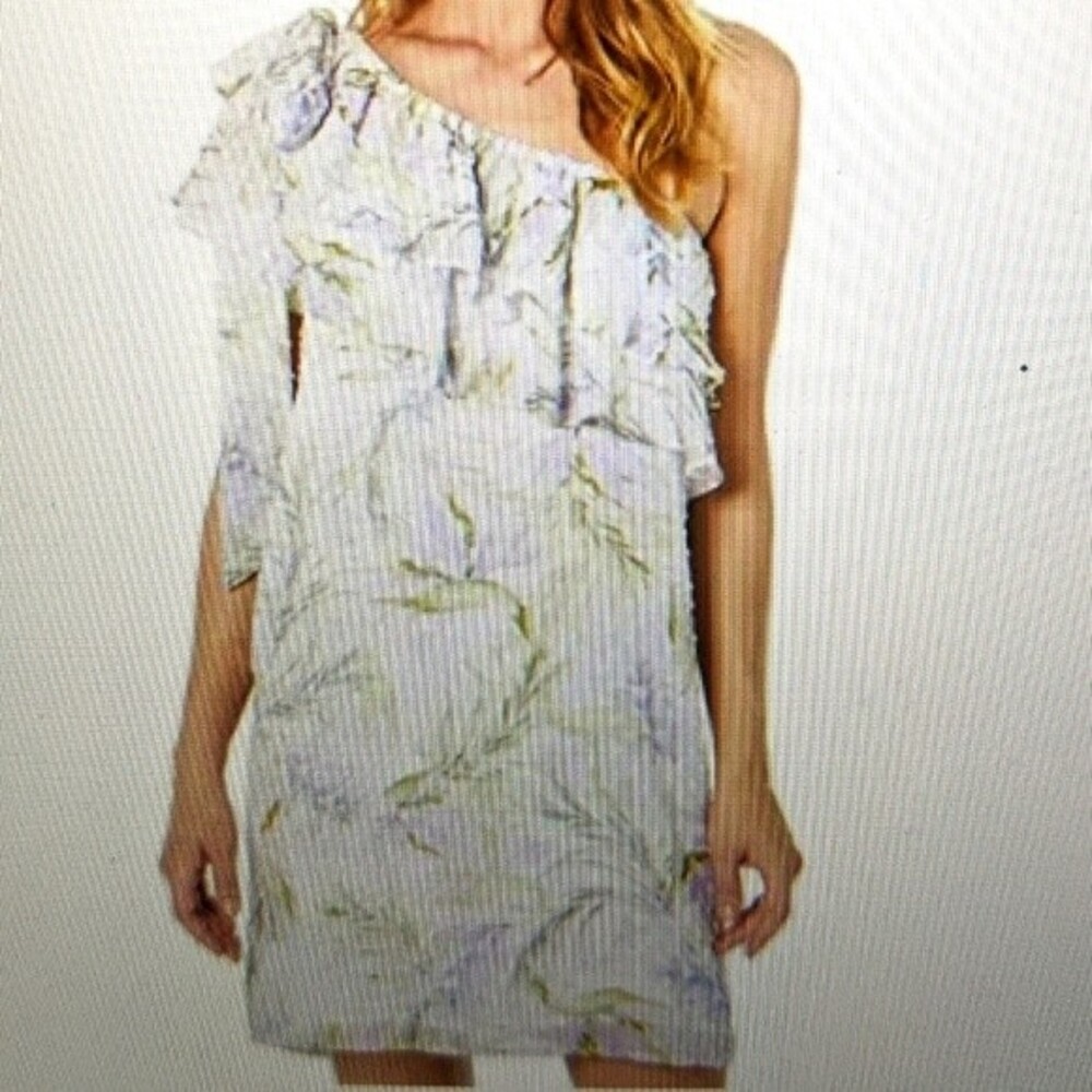 Cece off shoulder Baja palm clip.dress soft violet lavender & green - NWT - XS